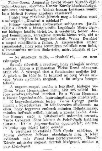 Részlet a „A dunántúli zsidóüldözések aktáiból.” (Forrás: Egyenlőség, 1919. 09. 25., 5. o.)
